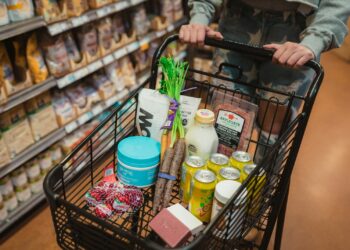 Persona empuja un carrito lleno de alimentos en un supermercado