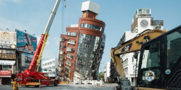 Equipos de rescate junto a un edificio dañado tras un terremoto