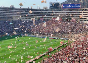 Estadio de fútbol repleto de aficionados durante un partido