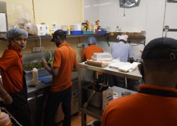 Trabajadores en la cocina de un restaurante, ilustrativo del empleo en hostelería