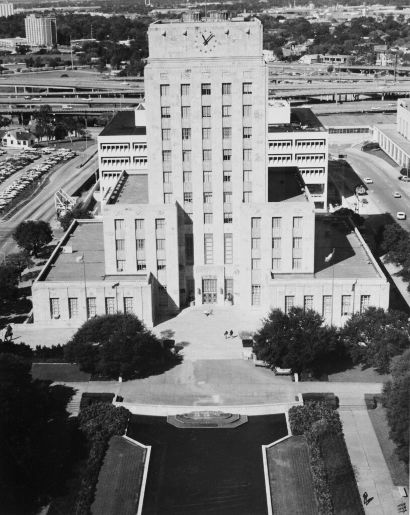 Vista aerea del edificio del Ayuntamiento de Houston, Texas