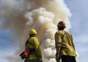 Bomberos frente a un gran incendio con densas columnas de humo