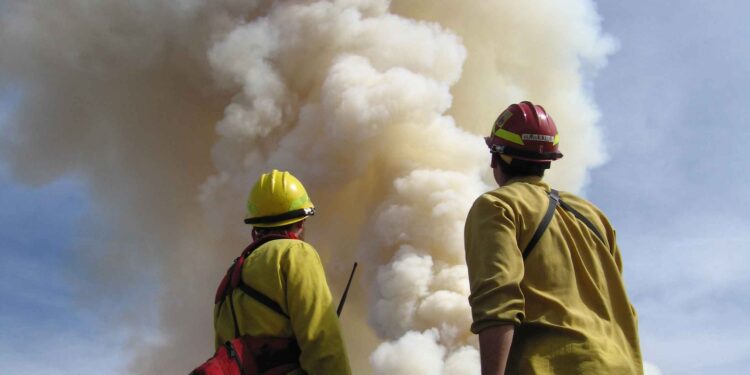 Bomberos frente a un gran incendio con densas columnas de humo