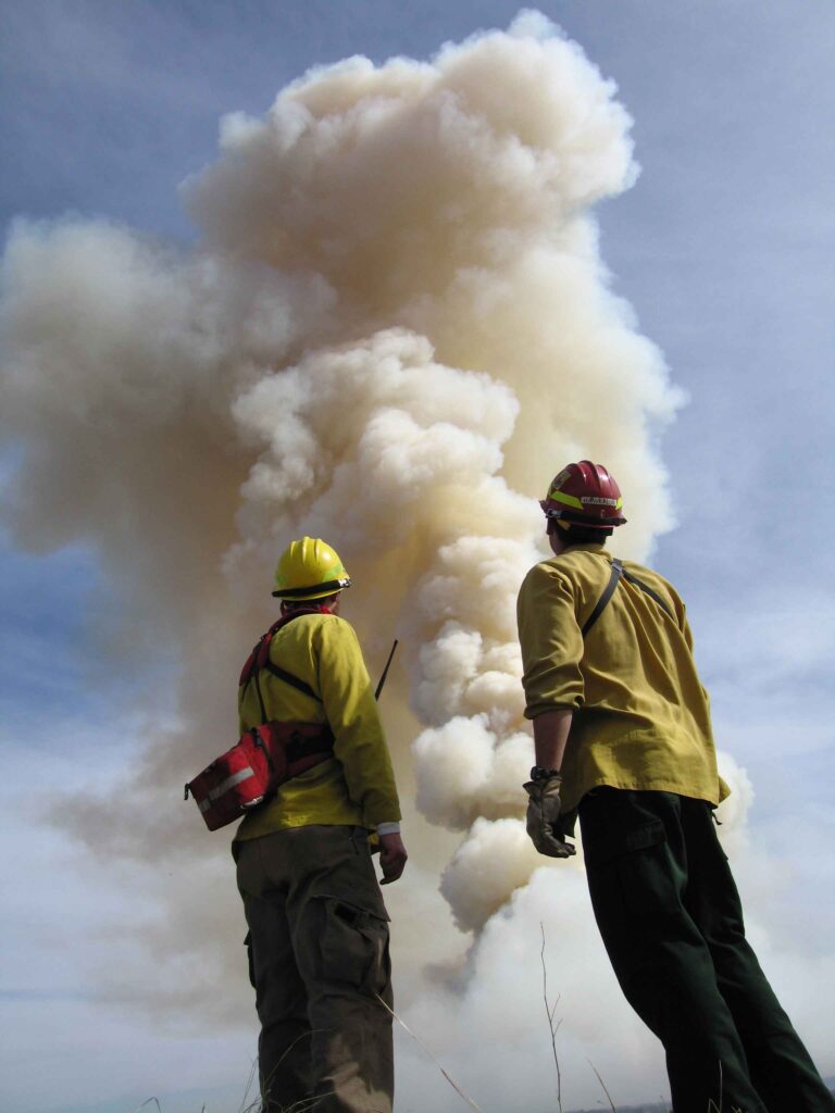 Bomberos frente a un gran incendio con densas columnas de humo