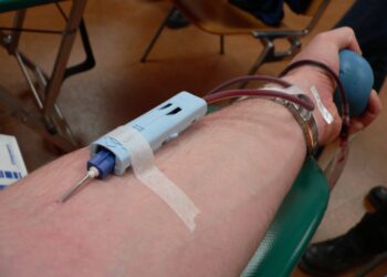 Brazo de una persona durante una donación de sangre