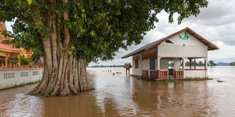 Edificio y árboles rodeados por las aguas de una inundación