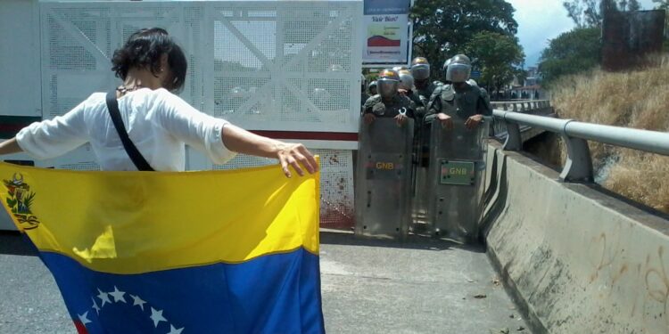 Persona con la bandera de Venezuela durante una manifestación