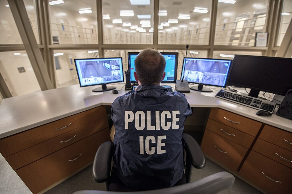 Un oficial de ICE supervisa un centro de detención de inmigrantes