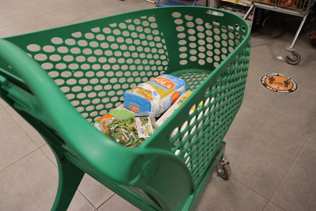 Un carrito de compras en un supermercado, que representa el gasto familiar en alimentos