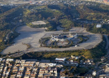 Vista aérea del Dodger Stadium, casa de los Dodgers de Los Ángeles