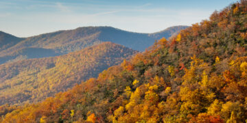 Colores otoñales a lo largo del Blue Ridge Parkway al sur de Asheville, Carolina del Norte